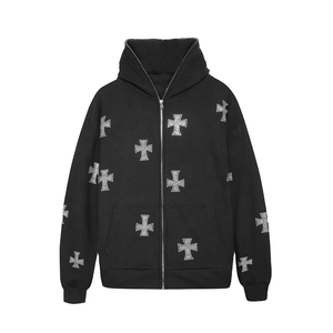 Sweat à capuche personnalisé pour homme, 100% coton épais, hiver, style Y2K, avec strass, vintage, coupe oversize, zippé, effet délavé à l'acide et orné de cristaux - Product Image 2