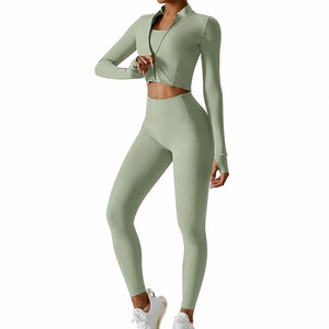 Wholesale Made Custom 3 Piece Crop Top <b>Set</b> Seamless Sportswear Outfit With Long Sleeve Jacket Bra And Leggings - Product Image 1