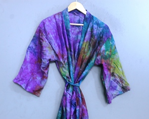 <b>Vintage</b> Floral Silk <b>Kimono</b> Robe Women Woven Wrap V-neck Three-Quarter Sleeve Drawstring Closure Knee-Length Summer Loungewear - Product Image 1