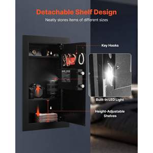 Coffre-fort mural noir à 3 niveaux avec éclairage LED, 2 étagères réglables, 5 porte-clés, acier laminé à froid Q235 pour le stockage d'argent - Product Image 5