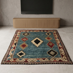 Alfombra de Lana Tejida a Mano, Diseño Floral Azul Turquesa, Clásica, para Sala de Estar o Dormitorio - Product Image 2