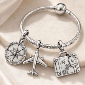 Custom Classic Gold & Rhodium Plated Stainless Steel Airplane <b>Suitcase</b> Compass Travel Charm - Product Image 5