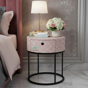 Mesita de noche redonda moderna de tela con patrón de chevron, cajón de almacenamiento, muebles de dormitorio, mesita de noche redonda tradicional hecha a mano - Product Image 1