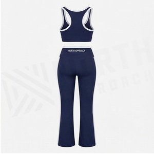 North Approach 2 Piece Yoga Set Racerback Crop Top Full Length Pants Solid Navy Contrast Binding Breathable Women's Sportswear - Product Image 2