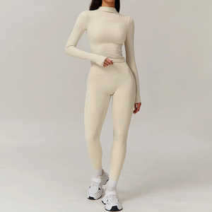 Seamless Womens Yoga Set High Waist Full Length Leggings Turtleneck <b>Long</b> Sleeve Solid Stretch Fitness Workout Activewear - Product Image 1