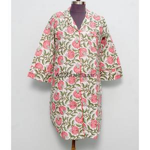 100% Pure Cotton Bohemian Straight Floral Print Long Dress <b>Bell</b> Sleeves Hand Block Printed V-Neck Midi Size Shirt Casual Summer - Product Image 1