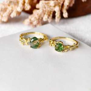 Bague en argent sterling 925 plaqué or 14 carats avec agate mousse, bague en pierre précieuse inspirée de la nature pour femmes, bijoux faits à la main, cadeau - Product Image 1