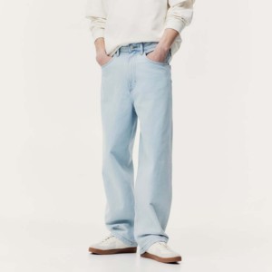 Jean en denim de coton coupe droite délavé clair pour homme, taille mi-haute, coupe régulière, style décontracté, coupe-vent, collection printemps - Product Image 1