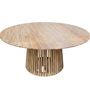 Elegante Mesa de Comedor Circular Kura Hecha a Mano en Madera de Teca Sólida con Base Arquitectónica para una Sala de Estar Sofisticada - Product Image 1