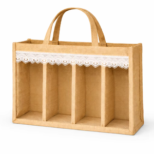 Bolsa de Regalo para Vino de Yute Natural Ecológica para Cuatro Botellas con Ventana Transparente y Ribete de Encaje, Bolso de Mano con 4 Compartimentos - Product Image 1