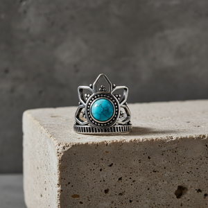 JewelryTownIN Ancient Sky Hydro <b>Turquoise</b> Gemstone Crown <b>Ring</b> Silver Plated Bohemian Bezel Setting Ethnic Jewelry for Women - Product Image 5