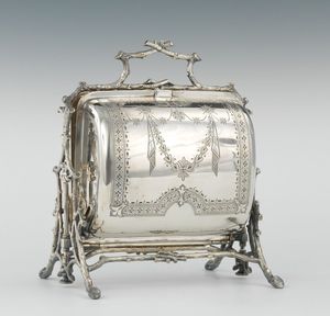 Biscuit Box with Engraved Floral Foliage Design Brass/Silver Art Deco <b>Hinged</b> Lid Decorative Handle for Kitchen Use Collecting - Product Image 1