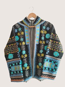 Abrigo Bohemio Bordado con Flores para Mujer, Talla Grande, Cuello Mandarín, Manga Farol, Ropa Exterior Informal, Chaqueta de Terciopelo para Otoño - Product Image 3