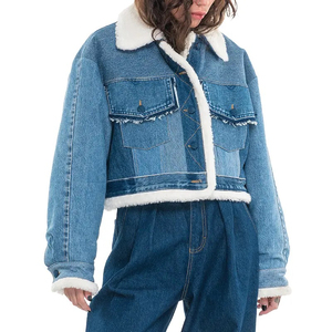 High Quality Two Tone Denim Jacket Women’s Fashion Warm Winter Outerwear Casual Fleece <b>Lined</b> Cropped <b>Jean</b> Jacket - Product Image 2