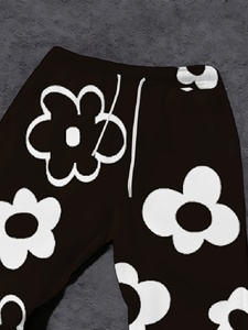 Men's Black Floral Print Flare Pants Elastic Waist Drawstring Casual Style Midweight Knitted <b>Trousers</b> - Product Image 5