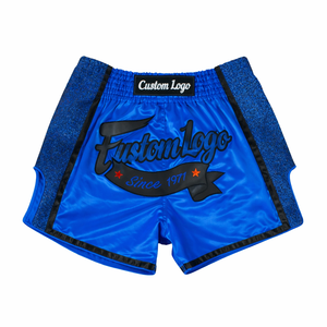 Shorts de Muay Thai de haute qualité, nouveaux, en satin bleu, shorts de kickboxing, coupe ajustée, shorts de boxe, vêtements d'entraînement, fabricant OEM. - Product Image 1