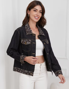 Hardihood International Veste en jean pour femme, patchwork floral, col et poignets contrastants, coupe classique, automne, formelle, respirante - Product Image 5