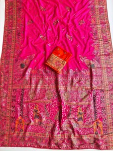 Sari de Seda Pura Rajwadi Pashmina con Borde de Zari Pesado Tejido con Hilo, Tradicional para Mujer, de Secado Rápido y Sin Arrugas - Product Image 3