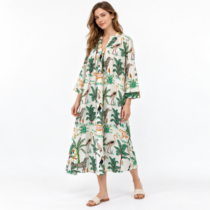 Tropical Print Maxi <b>Dress</b> V-Neck Three Quarter Sleeve <b>Loose</b> Fit Casual Summer Woven 100% Cotton Long <b>Dress</b> - Product Image 2