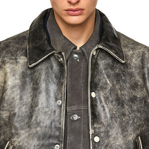 Blouson aviateur en cuir véritable pour homme, col rabattu, style vintage délavé, fermeture boutonnée, coupe classique, idéal pour l'automne - Product Image 3