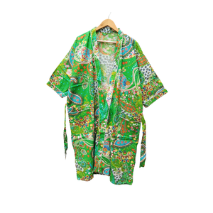 Kimono Boho de Algodón con Estampado Floral Verde |   Bata de dormir de manga larga con cuello en V para mujer |   Bata de Alta Calidad Hecha a Mano con Estampado Exclusivo - Product Image 1