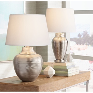 New design Hammered <b>Silver</b> <b>Table</b> Lamp Luxury Textured Metal Base White Fabric Shade Elegant <b>Bedside</b> Nightstand Light Home Decor - Product Image 3