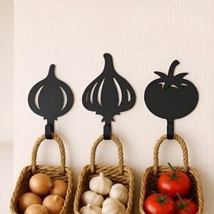 Black Metal Onion Garlic Tomato Wall <b>Hooks</b> Set of 3 Self Adhesive <b>Kitchen</b> Storage Organizers Novelty Design - Product Image 1