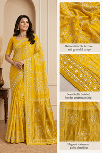 <b>Yellow</b> Bandhani Moonga Silk Vintage Floor-Length <b>Saree</b> Mirror Work Border Elegant Indian Wedding Wear Designer Party Wear Women - Product Image 6