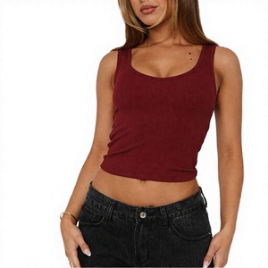 Débardeur court en tricot côtelé de couleur unie pour femme, col rond, sans manches, décontracté, couleur bordeaux - Product Image 5