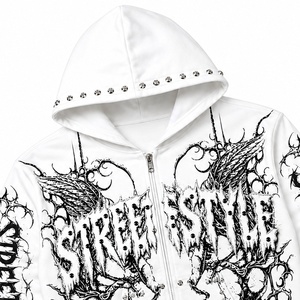 Sweat-shirt à capuche zippé blanc personnalisé avec motif graphique, manches longues, style streetwear, mode décontractée unisexe, confort optimal. - Product Image 3