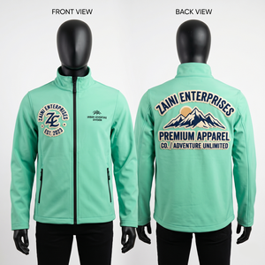 320 GSM Premium Polyester Spandex Softshell Men Jacket Mint Green Custom Chenille Embroidery Patch Screen Print OEM ODM - Product Image 1
