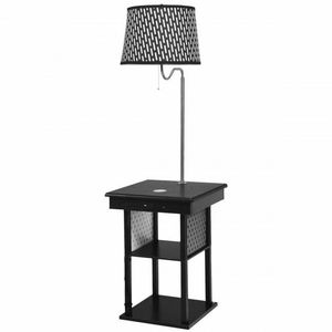 Lampada da Terra con Porte USB per Ricarica e Ripiani, per Comodino e Scrivania, Illuminazione Decorativa da Interni, Luce Calda, Paralume in Metallo e Tessuto Bianco e Nero - Product Image 2