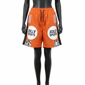 กางเกงขาสั้นวินด์เบรกเกอร์ผ้าโพลีเอสเตอร์น้ำหนักเบา 135 GSM สีส้มสดใส แต่งแถบตาข่ายด้านข้าง พร้อมโลโก้แบบซับลิเมชั่นสั่งทำพิเศษสำหรับผู้หญิง - Product Image 1