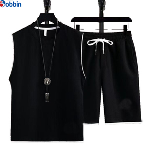 Ensembles de chemises pour hommes, ensemble haut sans manches et short en tricot pour hommes, noir uni, vêtements d'été décontractés, vêtements de sport respirants - Product Image 1