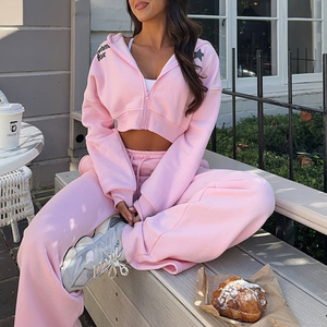 Women's Cropped Zip Up Hoodie <b>Sweatpants</b> <b>Set</b> Custom Logo Vintage Distressed Tracksuit Embroidery Jogger Streetwear <b>Set</b> - Product Image 1