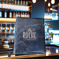 Couverture de menu en cuir PU durable avec logo personnalisé imprimé en feuille d'or, certifiée ISO, plaquée nickel, pour hôtels et restaurants