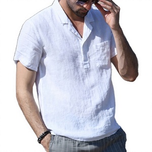 Polo en lin et coton blanc à manches courtes pour homme, décontracté, couleur unie, avec poche, respirant, coupe classique - Product Image 1