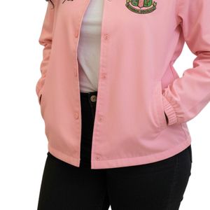 Pink Women Snap Front <b>Jacket</b> with Green Embroidered Crest Long Sleeve Casual Lightweight Coach <b>Jacket</b> Comfortable Everyday Wear - Product Image 6