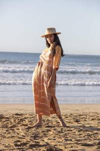 Robe midi tie-dye bohème pour femme, manches courtes, col rond, ample, ceinture, coton, fibre de bambou, respirante, robe décontractée d'été pour la plage - Product Image 3