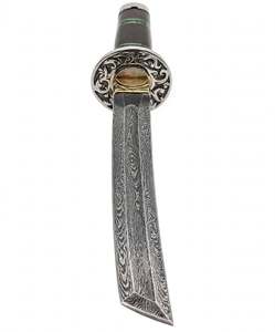 Cuchillo de hoja fija artesanal de acero de Damasco estilo japonés, herramienta de exhibición con guardacuchillo de latón y mango de madera de resina verde, DIY OEM - Product Image 2