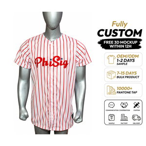 PhiSig Custom Baseball Jersey Unisex <b>Red</b> White <b>Striped</b> Sublimated Button Front Short Sleeve Quick Dry V-neck Polyester Apparel - Product Image 1