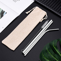 Utilisation quotidienne 4 pièces accessoires de verres réutilisables paille à boire en acier inoxydable avec brosse de nettoyage et pochette en coton coffret cadeau