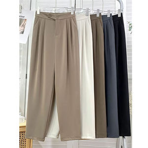 Pantalon large plissé taille haute pour femme, coupe ample, longueur cheville, couleur unie, style décontracté automne, en crêpe, fermeture boutonnée - Product Image 1