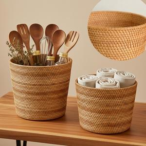 Handmade Rattan <b>Round</b> <b>Basket</b> Storage Organizer <b>Wicker</b> Sundries <b>Basket</b> Boho Home Kitchen Living Room Decor - Product Image 3