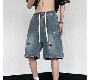 Shorts en jean pour homme, taille élastique, déchirés, style décontracté, 100% coton, tissu en laine, shorts vintage - Product Image 6