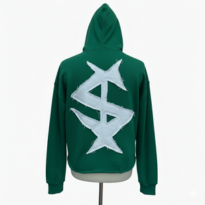 Sweat-shirt à capuche oversize en molleton de coton épais, style streetwear, avec patchwork graphique personnalisé, ourlet brut et lettrage - Product Image 2