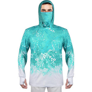 Sudadera de Pesca para Hombre con Logotipo Personalizado, Camuflaje Degradado Verde Azulado, Camisa de Alto Rendimiento con Máscara Facial Integrada y Orificios para Pulgares, UPF 50+ - Product Image 3