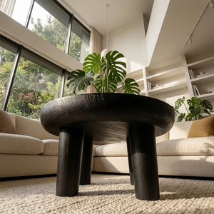 Contemporary Black Solid Suar <b>Wood</b> <b>Round</b> <b>Coffee</b> <b>Table</b> Tray Top Center <b>Table</b> Wabi-Sabi Style Hotel Project Furniture - Product Image 6