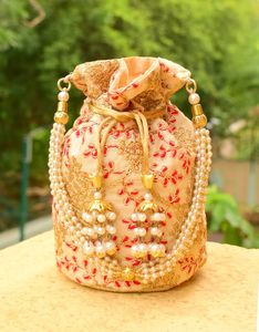 WITH EMBROIDERED BEADED DRAWSTRING Potli Bag Evening Party Handbag Bridal <b>Wedding</b> Purse Jewelry Cosmetics Packaging - Product Image 5