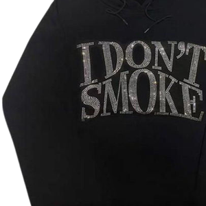 Sweat-shirt à capuche noir pour homme avec texte en strass, style streetwear, en molleton de coton, logo personnalisé, vente en gros - Product Image 5